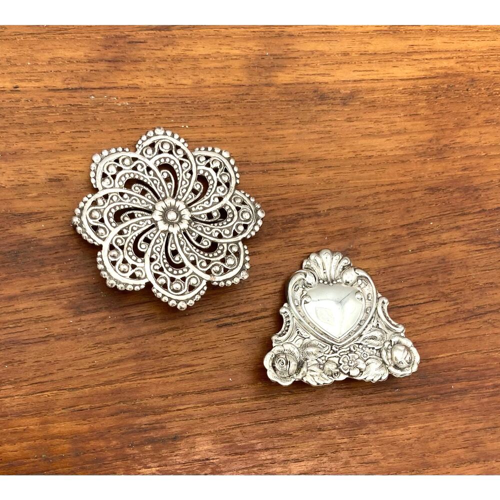 Vintage Silver Tone Brooches Lot of 2 Victorian Revival Heart Filigree Flower